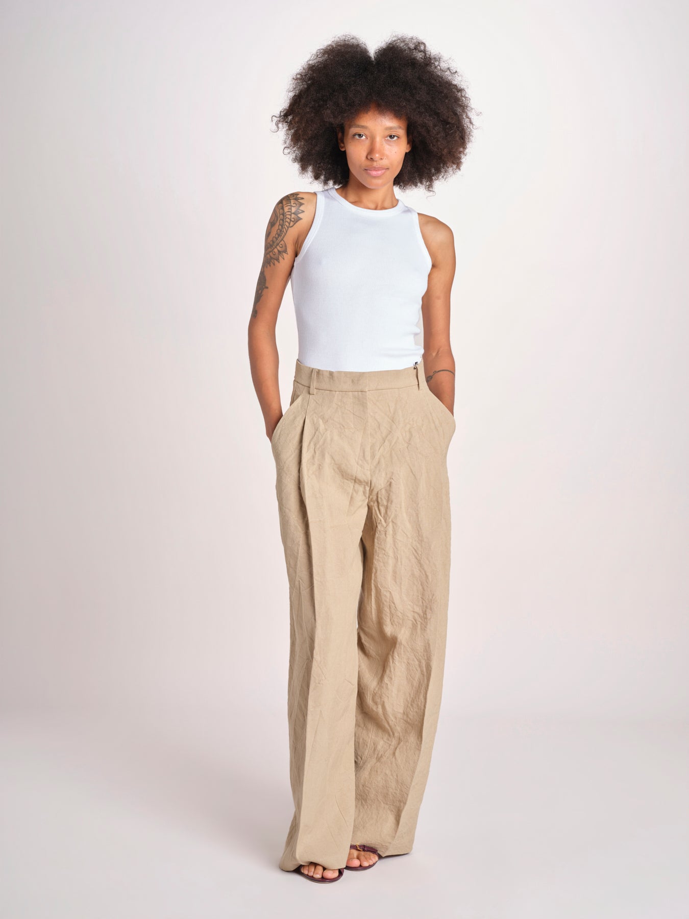 pantalone over in lino B042-3640-1231 NOCCIOLA n21 