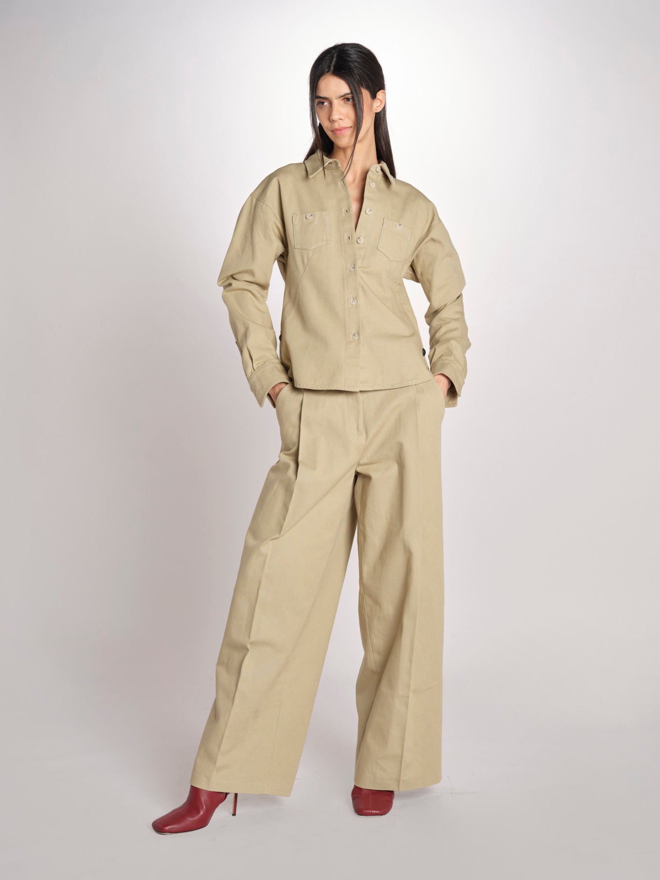 camicia in canvas G011-0212-1186 KAKI CHIARO n21 