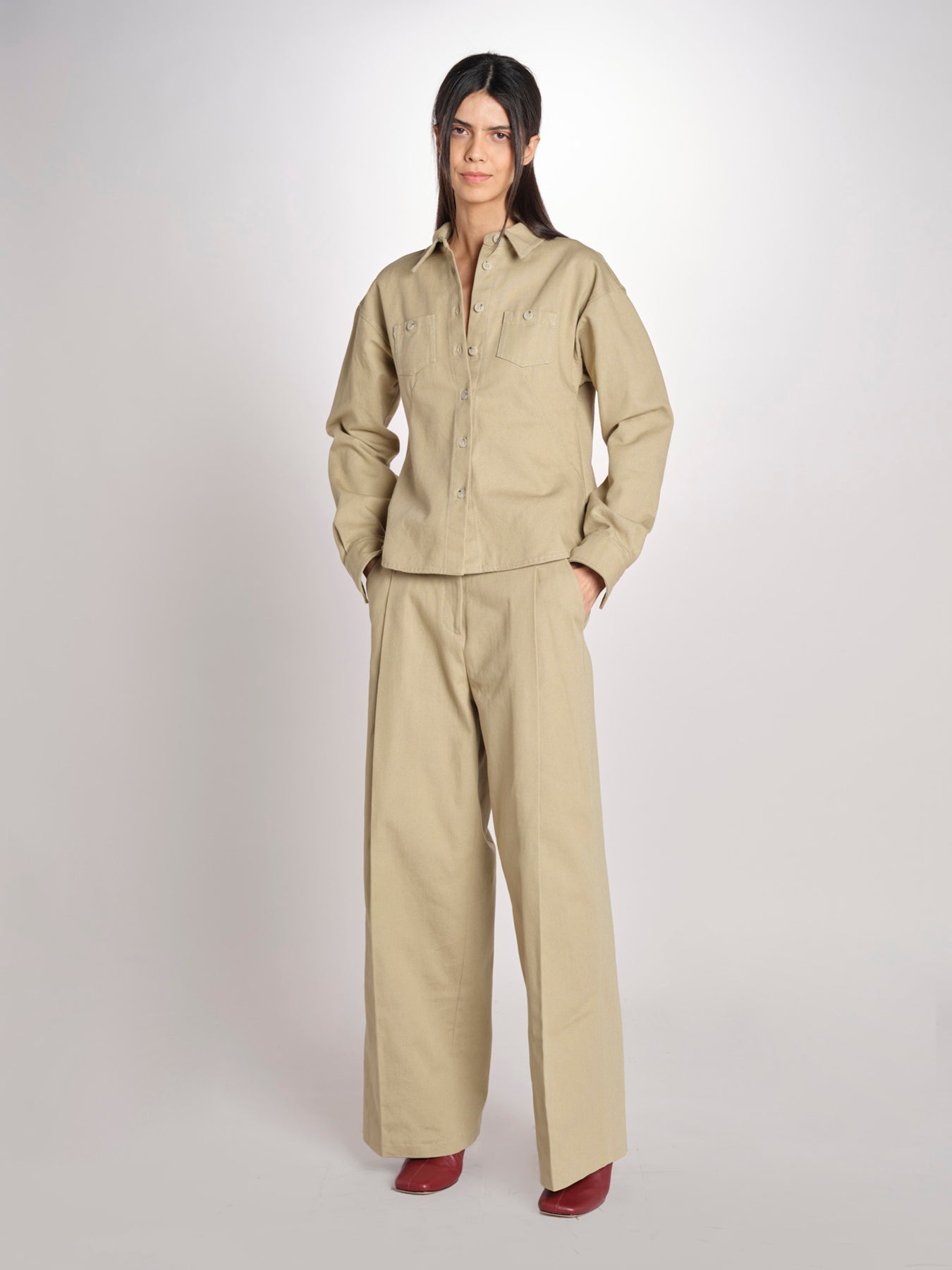 camicia in canvas G011-0212-1186 KAKI CHIARO n21 