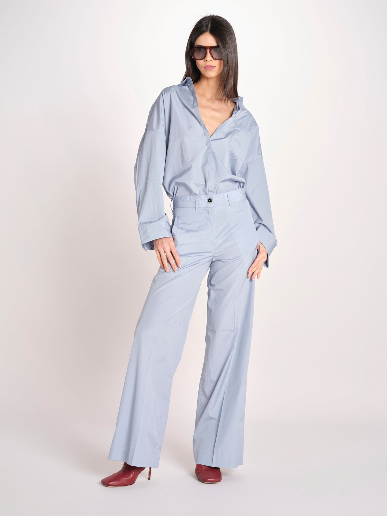pantalone dritto con elastico in popeline ASTRID STRO07 CELESTE nine in the morning 