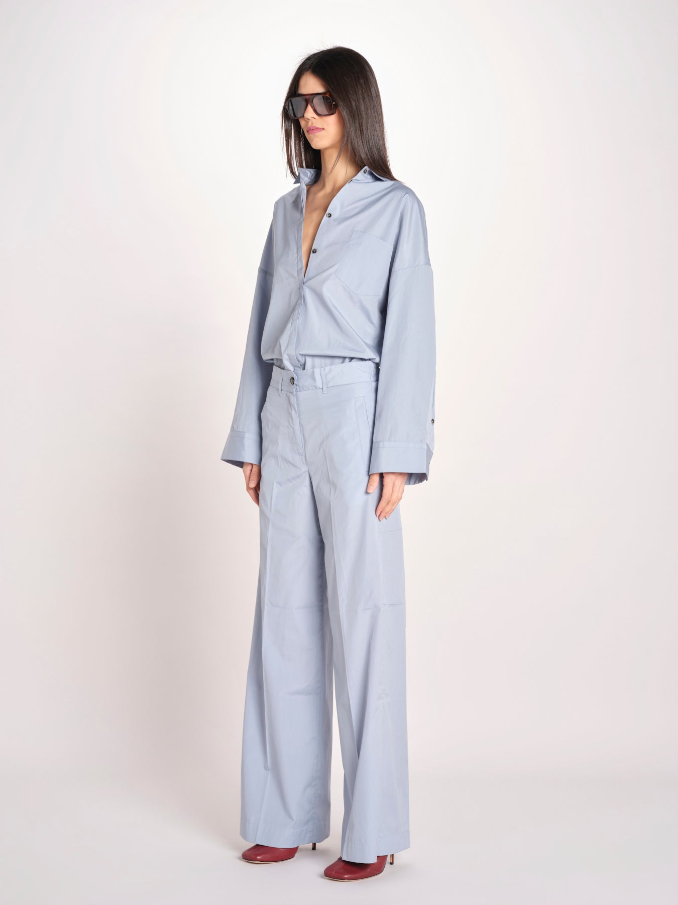 pantalone dritto con elastico in popeline ASTRID STRO07 CELESTE nine in the morning 