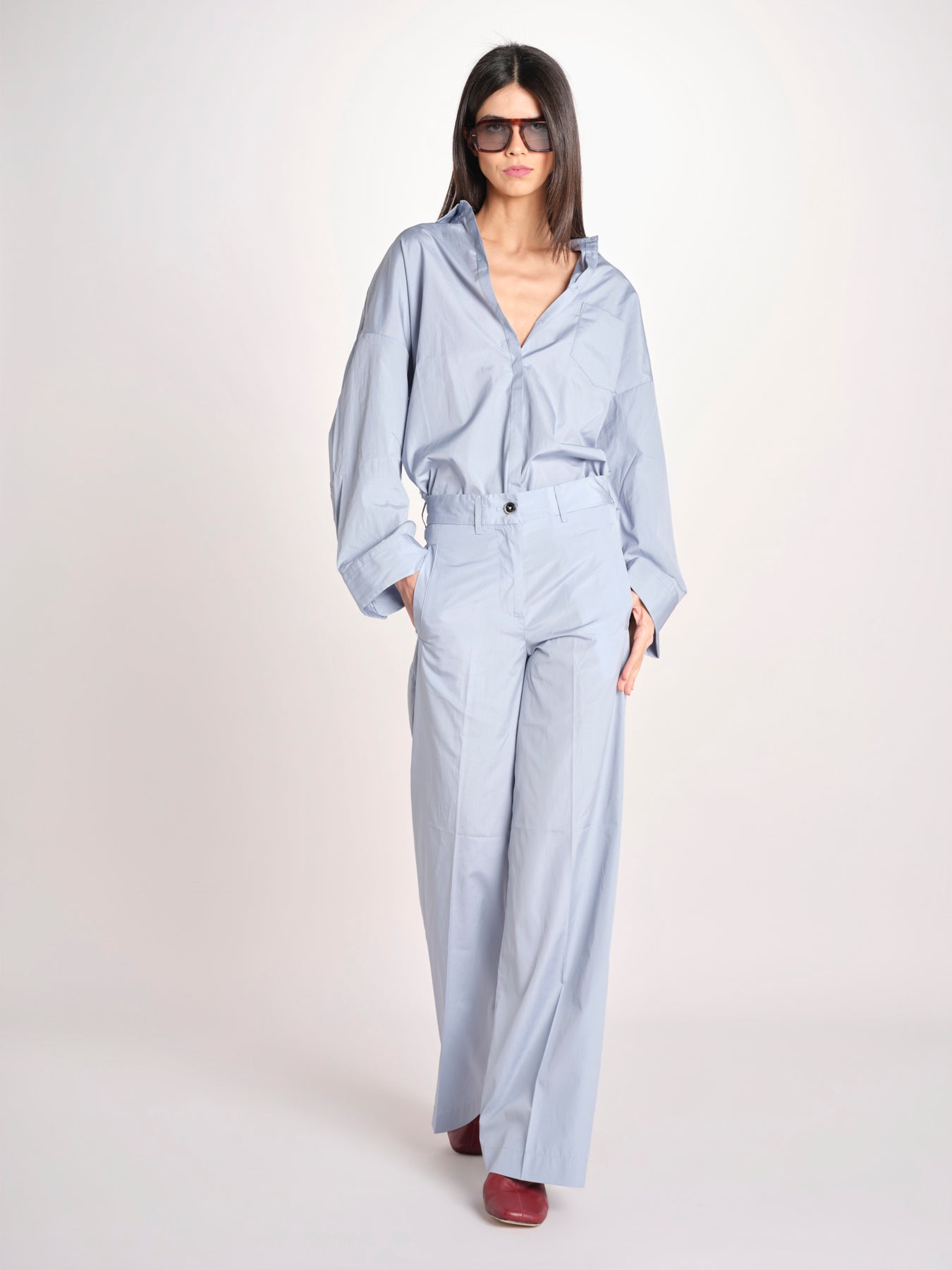 pantalone dritto con elastico in popeline ASTRID STRO07 CELESTE nine in the morning 