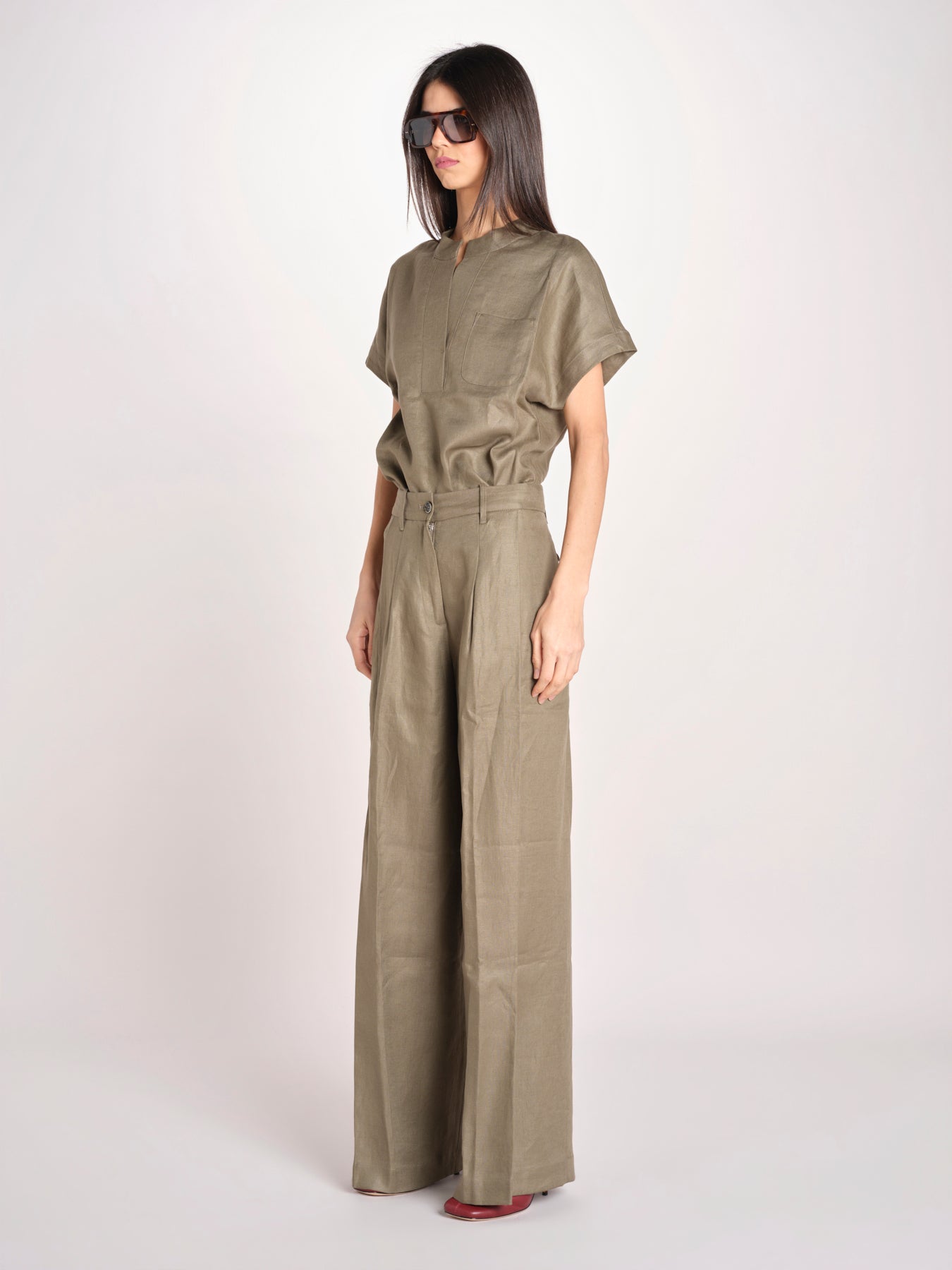 pantalone in lino con pinces PETRA PE98 OLIVA nine in the morning 