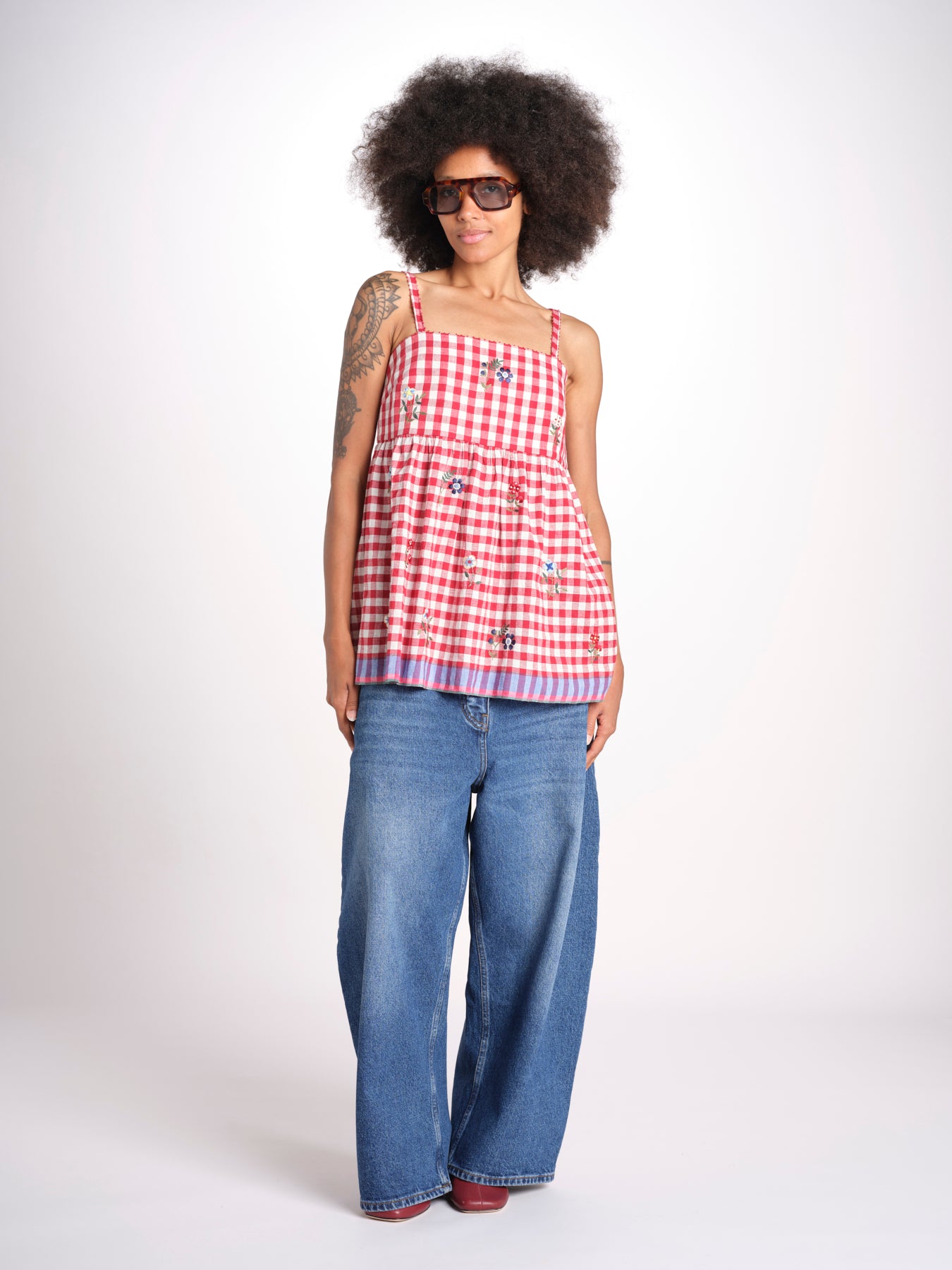 ttop a quadretti con fiorellini ricamati 1WS-58E RED payal pratap 
