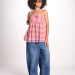 ttop a quadretti con fiorellini ricamati 1WS-58E RED payal pratap 