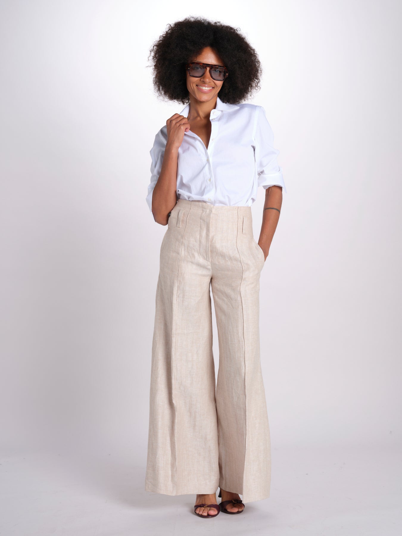 pantalone largo con nervature in lino ORIANA 540 50043 712 BEIGE quelledue 