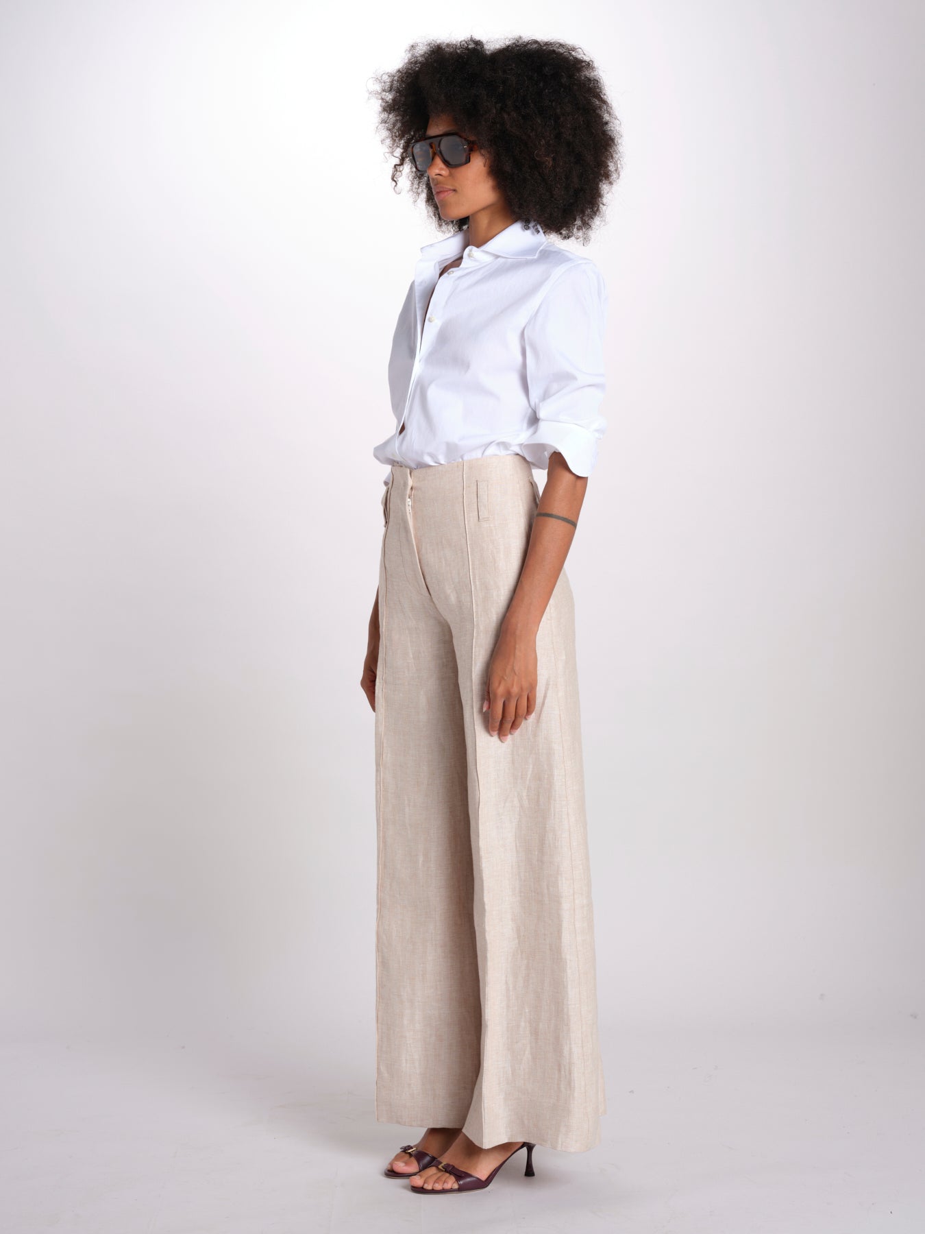 pantalone largo con nervature in lino ORIANA 540 50043 712 BEIGE quelledue 