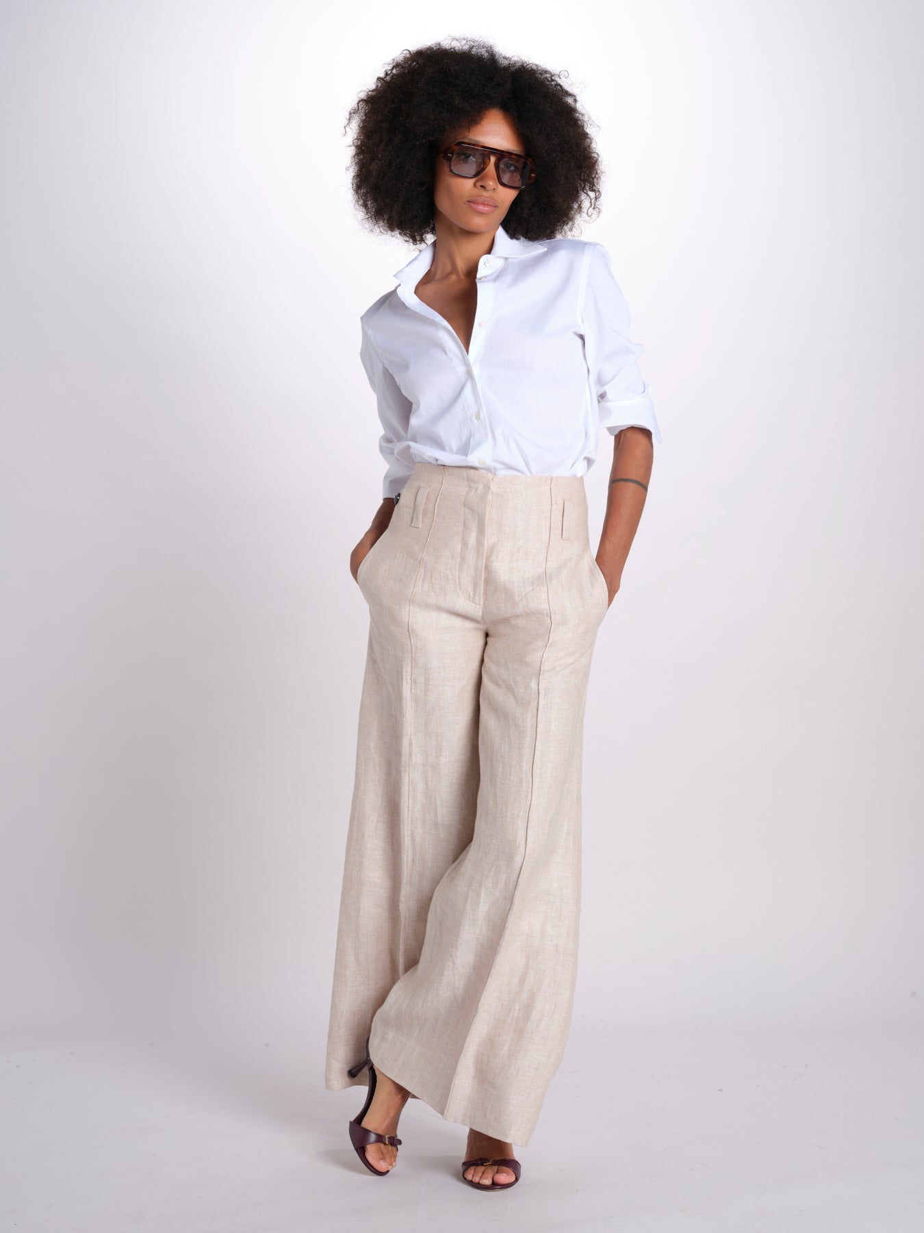 pantalone largo con nervature in lino ORIANA 540 50043 712 BEIGE quelledue 