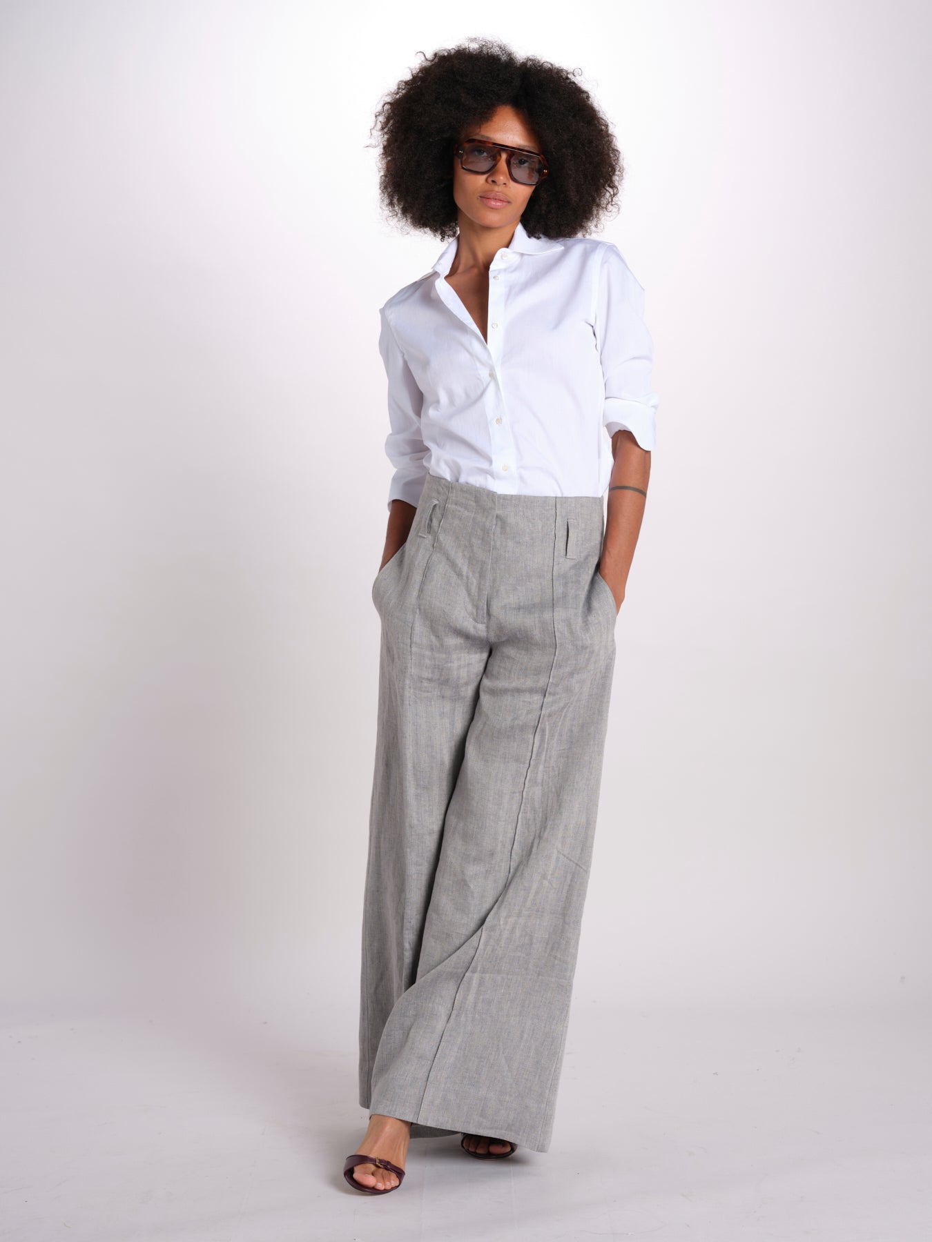 pantalone largo con nervature in lino ORIANA 540 50043 84 DENIM quelledue 