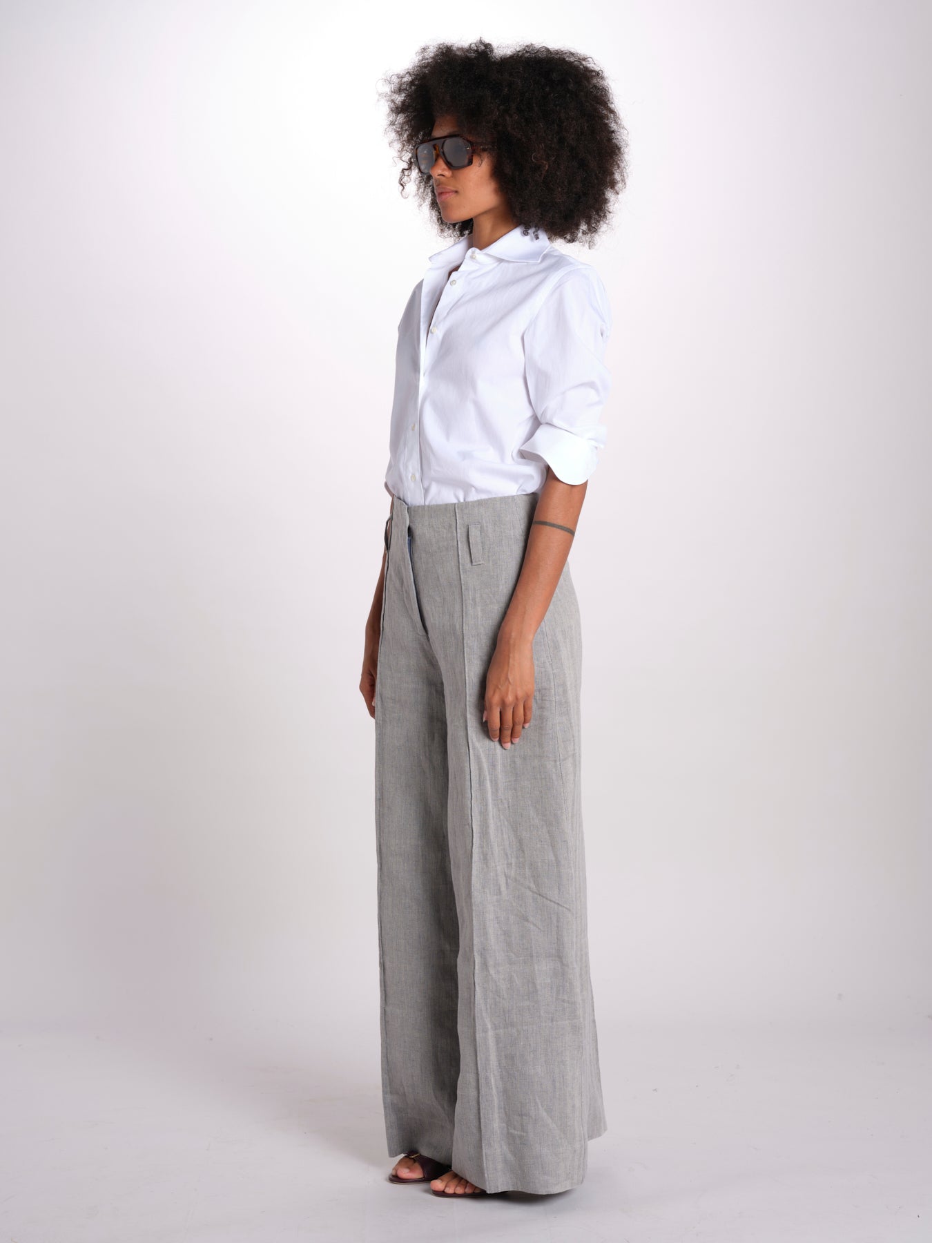pantalone largo con nervature in lino ORIANA 540 50043 84 DENIM quelledue 