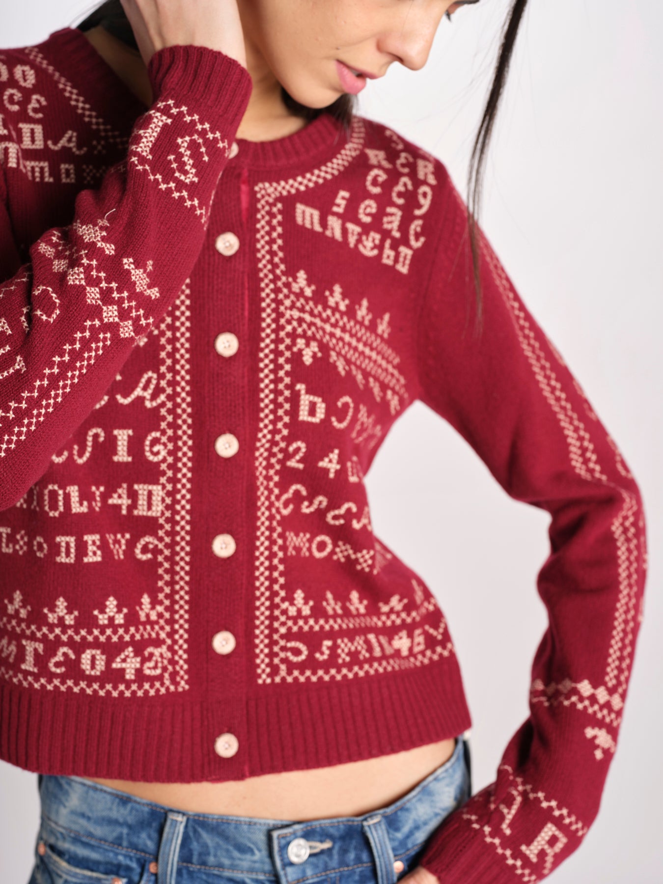 Cardigan con ricamo punto croce 076 BURGUNDY sea ny 