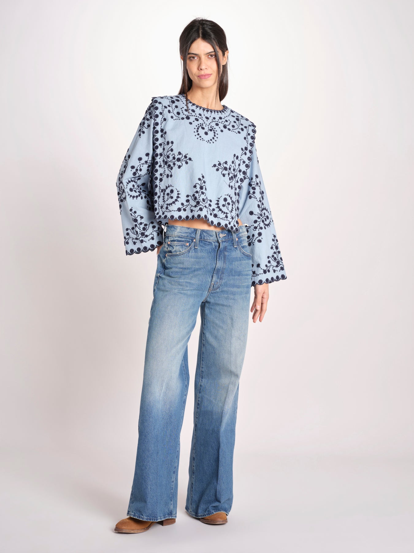 camicia m/l piu ricamo fiorellini 113 BLU sea ny 