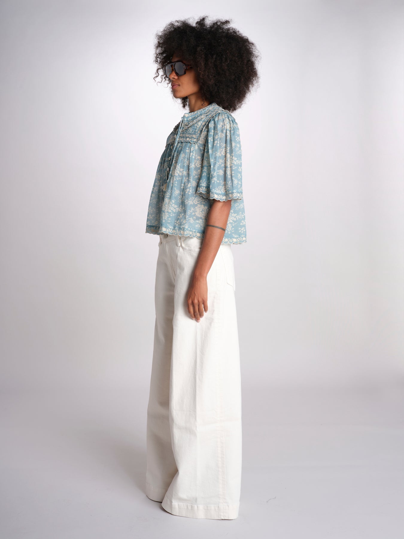 camicia manica corta con stampa fiorellini KIRSTEN 074 SKY sea ny 