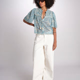 camicia manica corta con stampa fiorellini KIRSTEN 074 SKY sea ny 