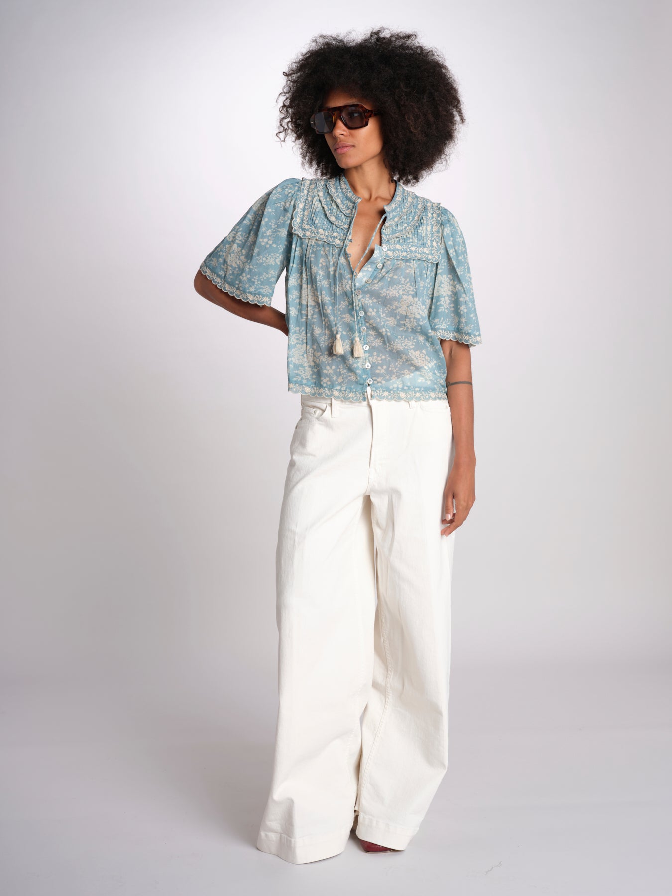 camicia manica corta con stampa fiorellini KIRSTEN 074 SKY sea ny 