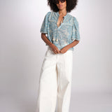 camicia manica corta con stampa fiorellini KIRSTEN 074 SKY sea ny 