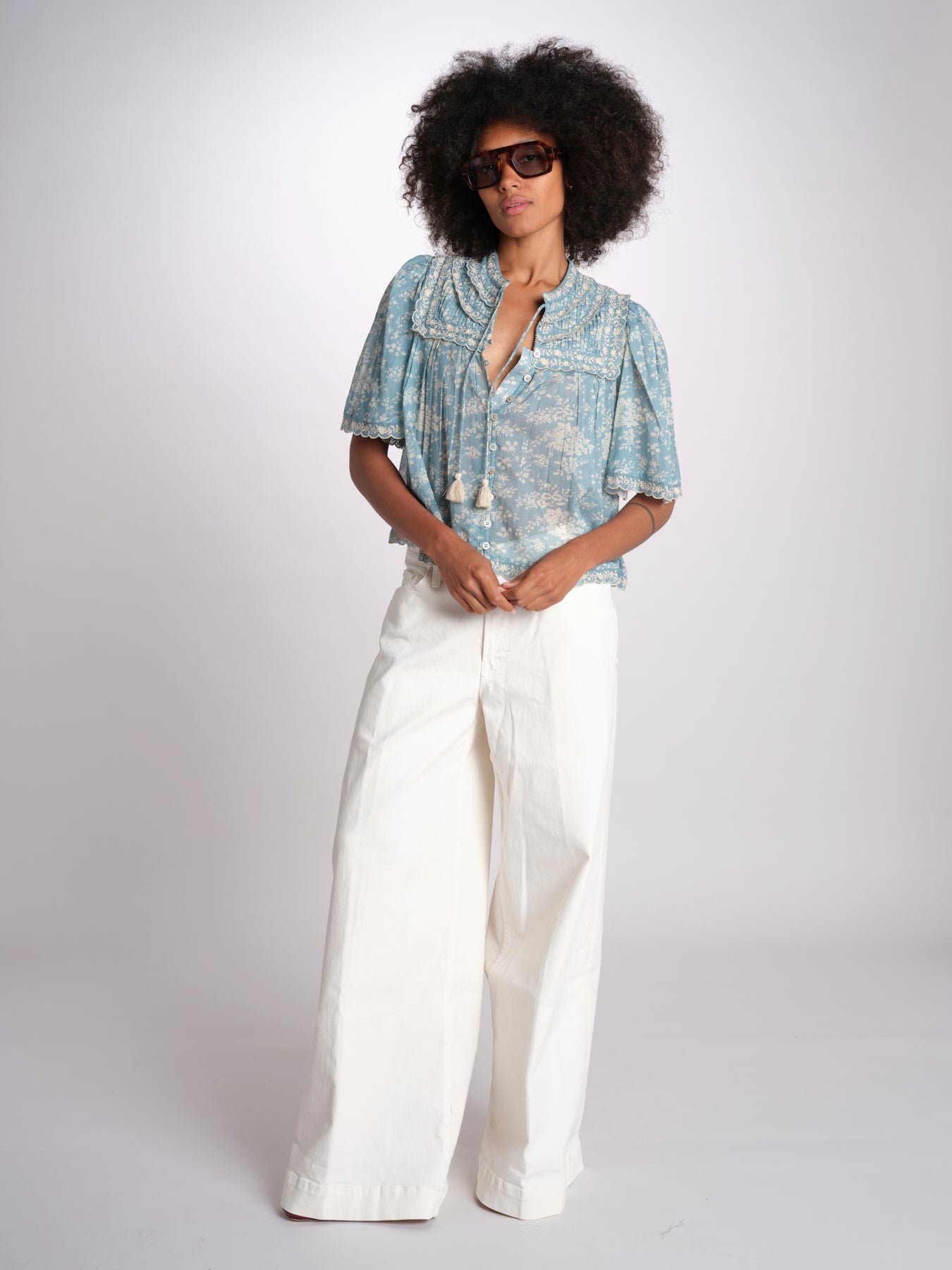 camicia manica corta con stampa fiorellini KIRSTEN 074 SKY sea ny 