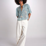 camicia manica corta con stampa fiorellini KIRSTEN 074 SKY sea ny 
