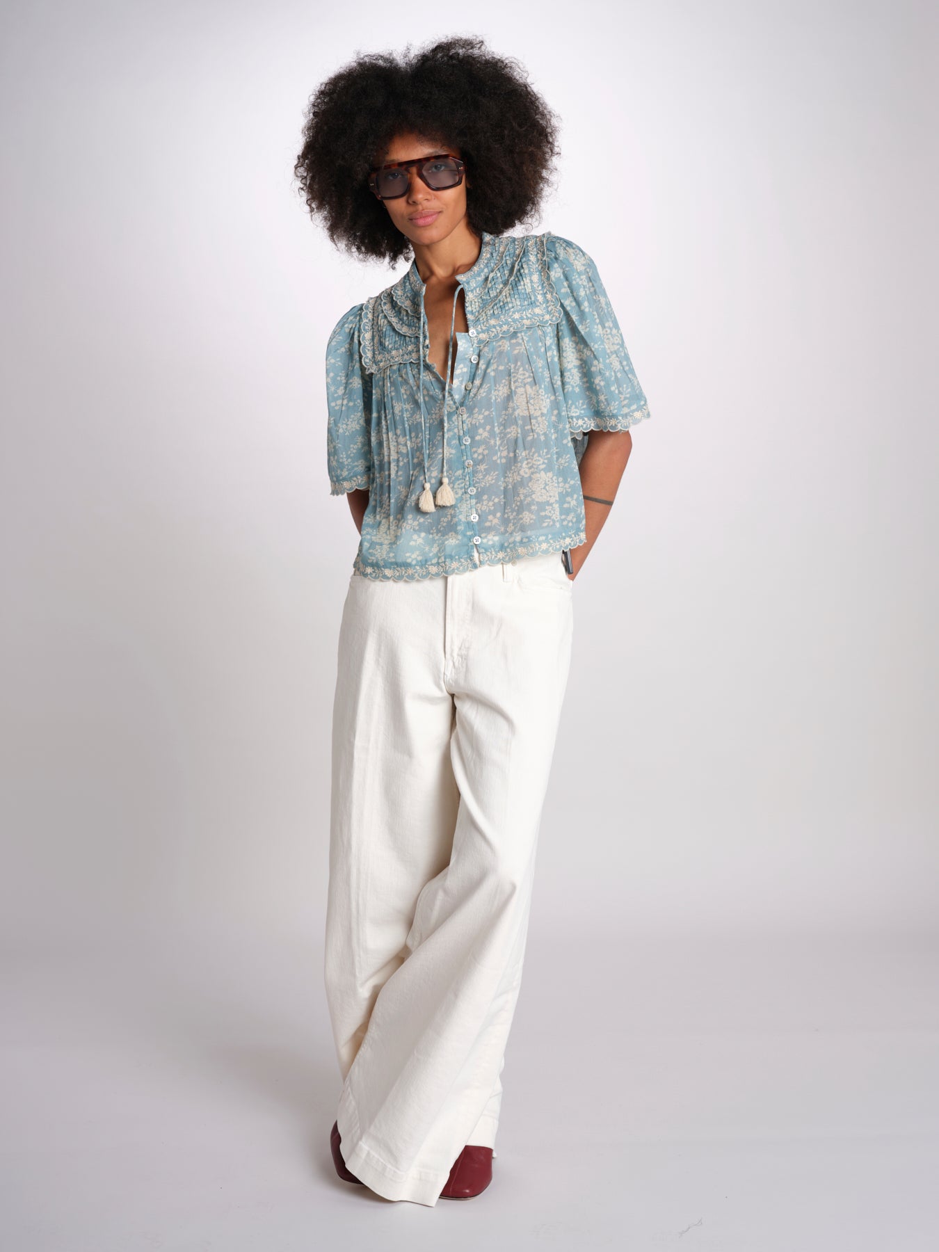 camicia manica corta con stampa fiorellini KIRSTEN 074 SKY sea ny 
