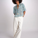camicia manica corta con stampa fiorellini KIRSTEN 074 SKY sea ny 