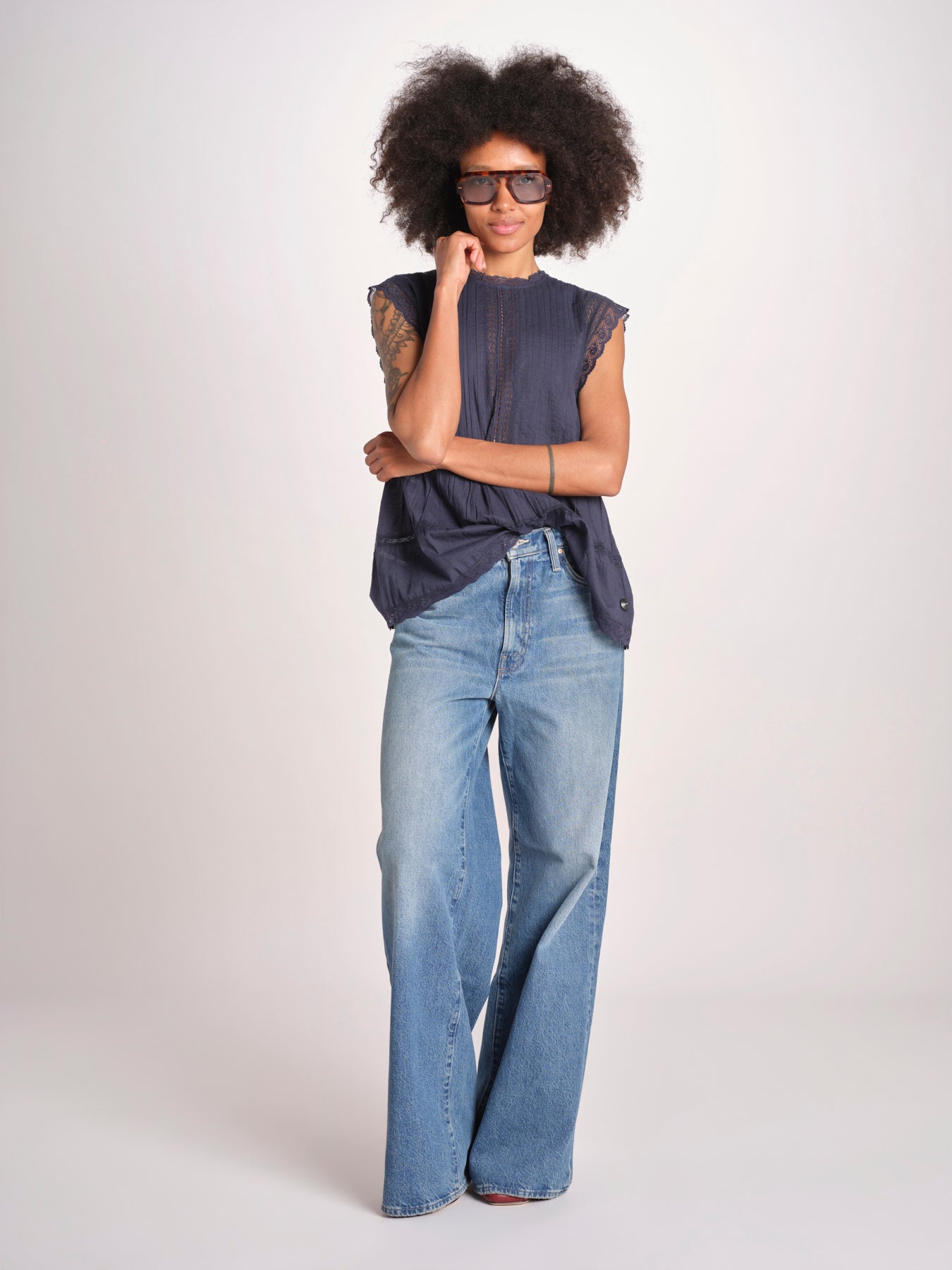 top in voille con pizzo THE SONNET TOP T1473435L NAVY the GREAT 