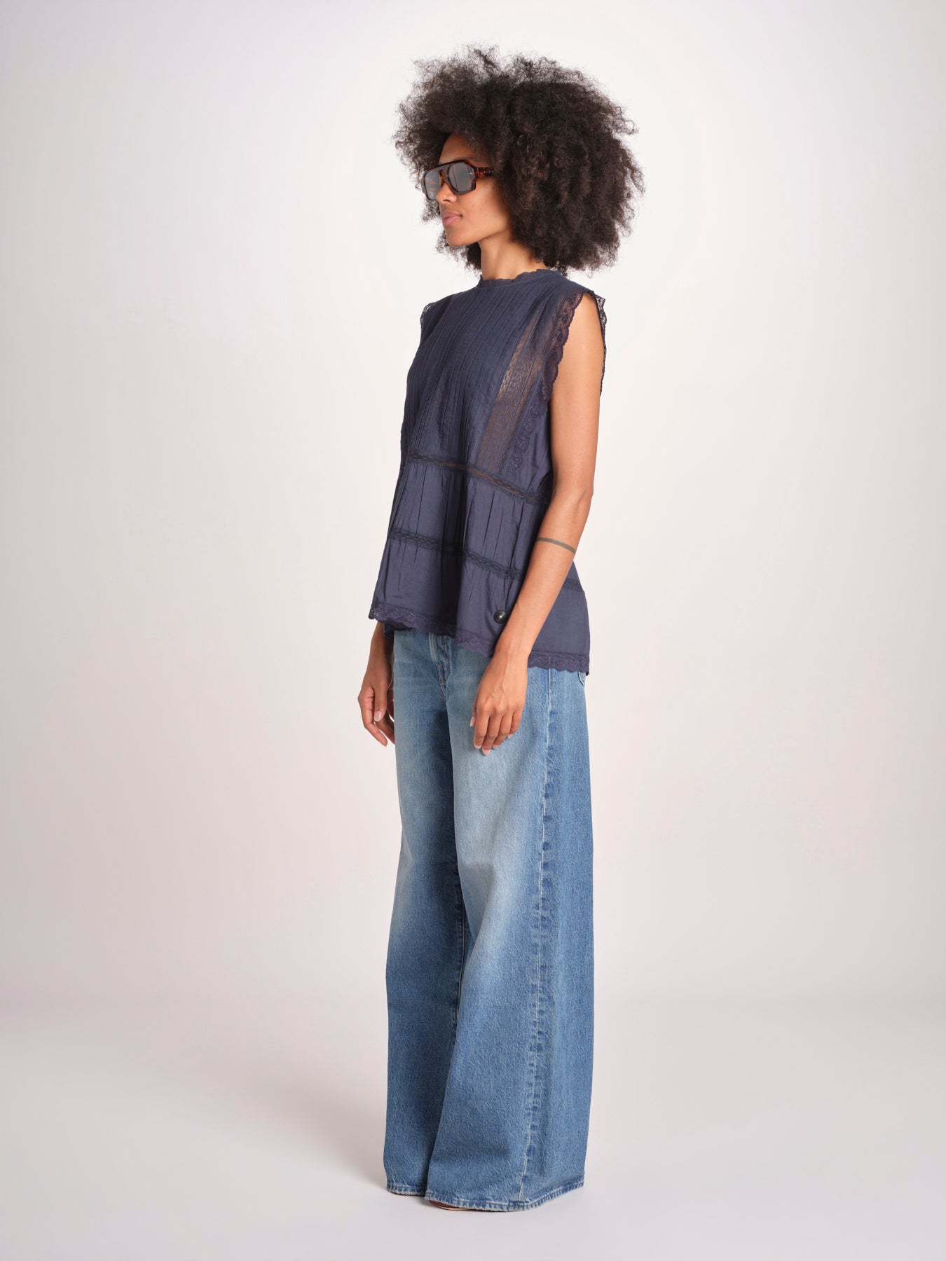 top in voille con pizzo THE SONNET TOP T1473435L NAVY the GREAT 