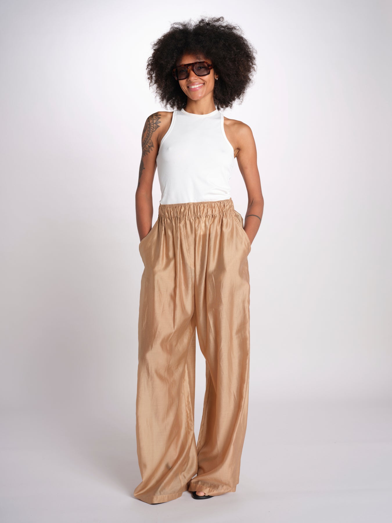 pantalone in mussola con elastico DORA 3119 T0161 BEIGE T0045 the latest 