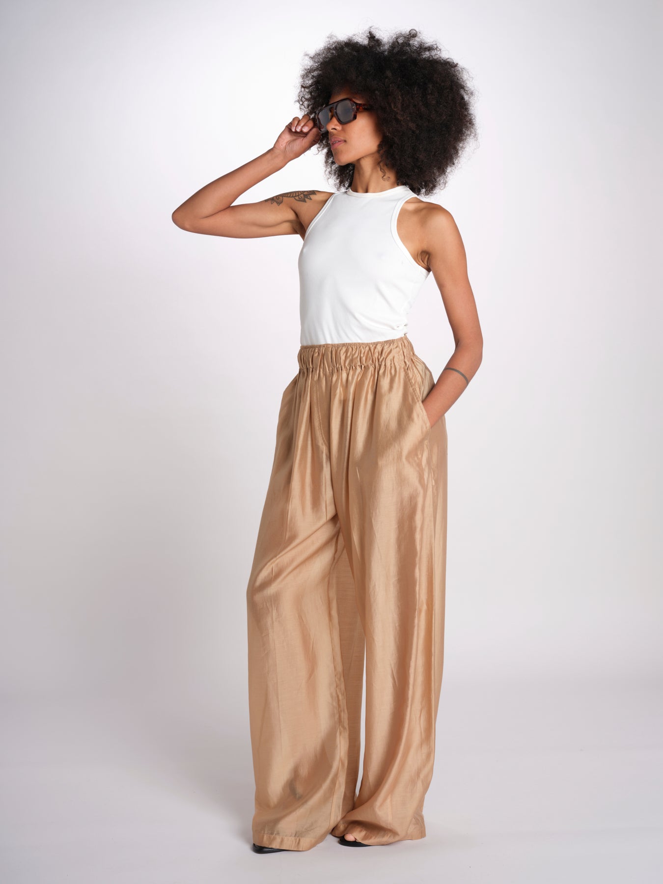 pantalone in mussola con elastico DORA 3119 T0161 BEIGE T0045 the latest 