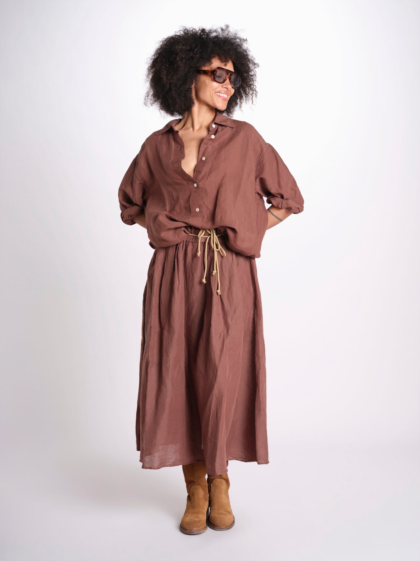 camicia in lino con coulisse LEILA SOFTLINEN BROWN true avenue 