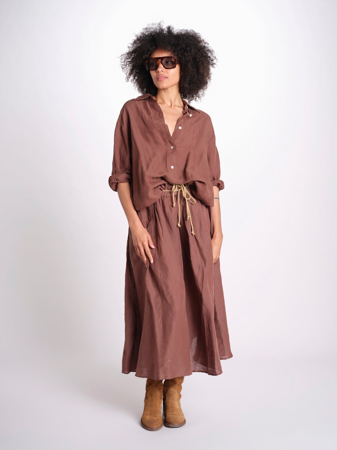 camicia in lino con coulisse LEILA SOFTLINEN BROWN true avenue 