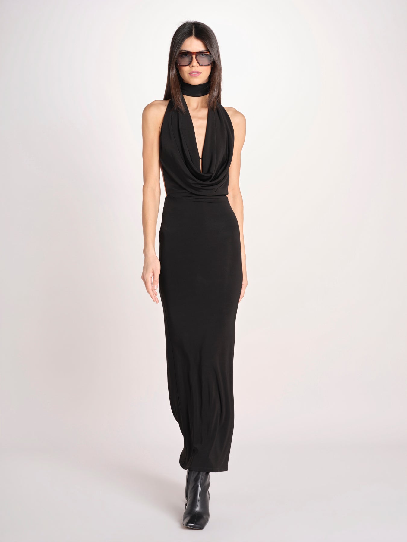 abito lungo con scollo drappeggiato RHAPSODY NERO undress code 