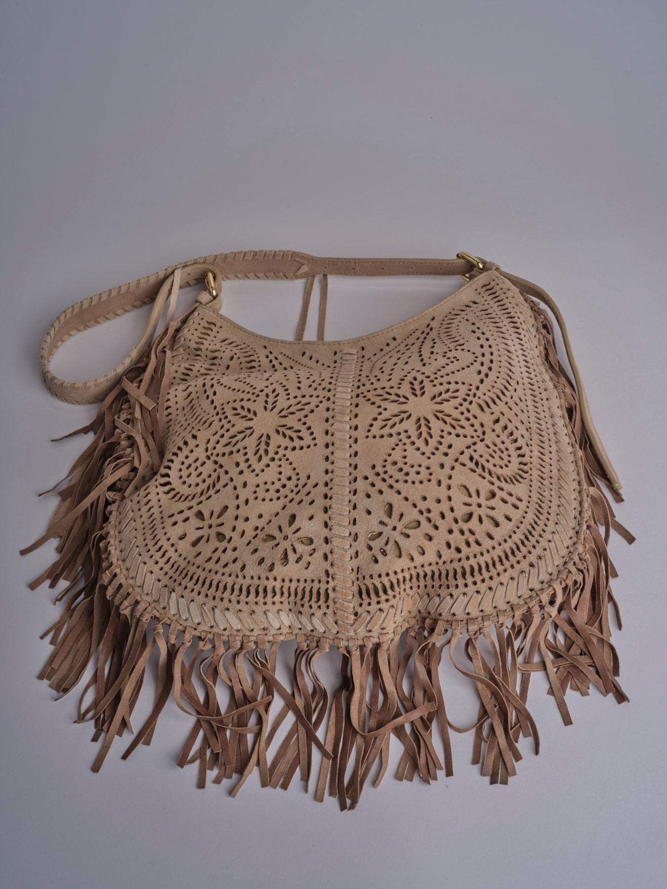 borsa a tracolla con fiori laserati e frange NADINE SUEDE AB02 BEIGE via mail bag 