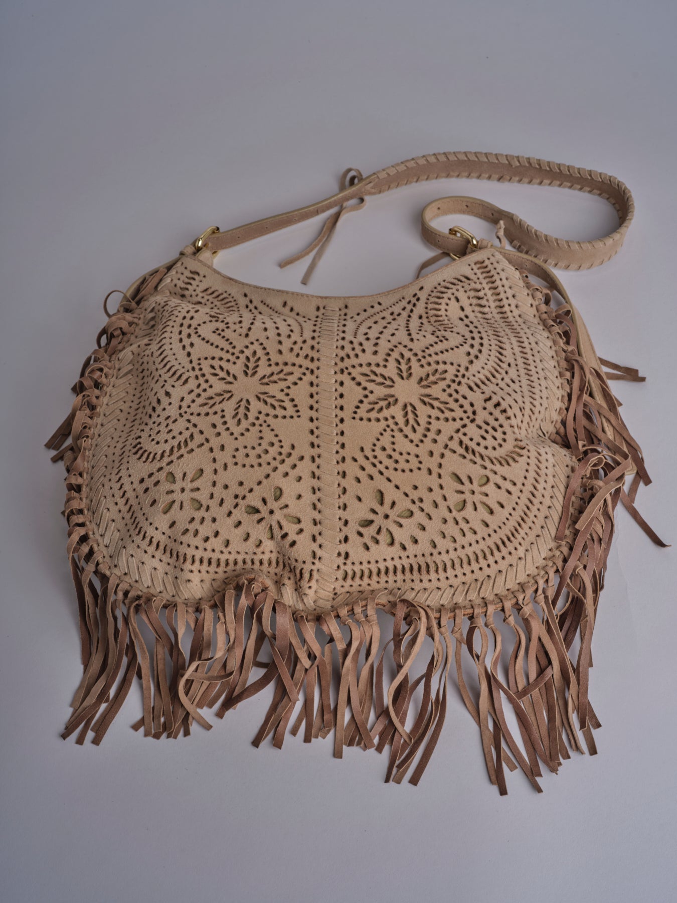 borsa a tracolla con fiori laserati e frange NADINE SUEDE AB02 BEIGE via mail bag 