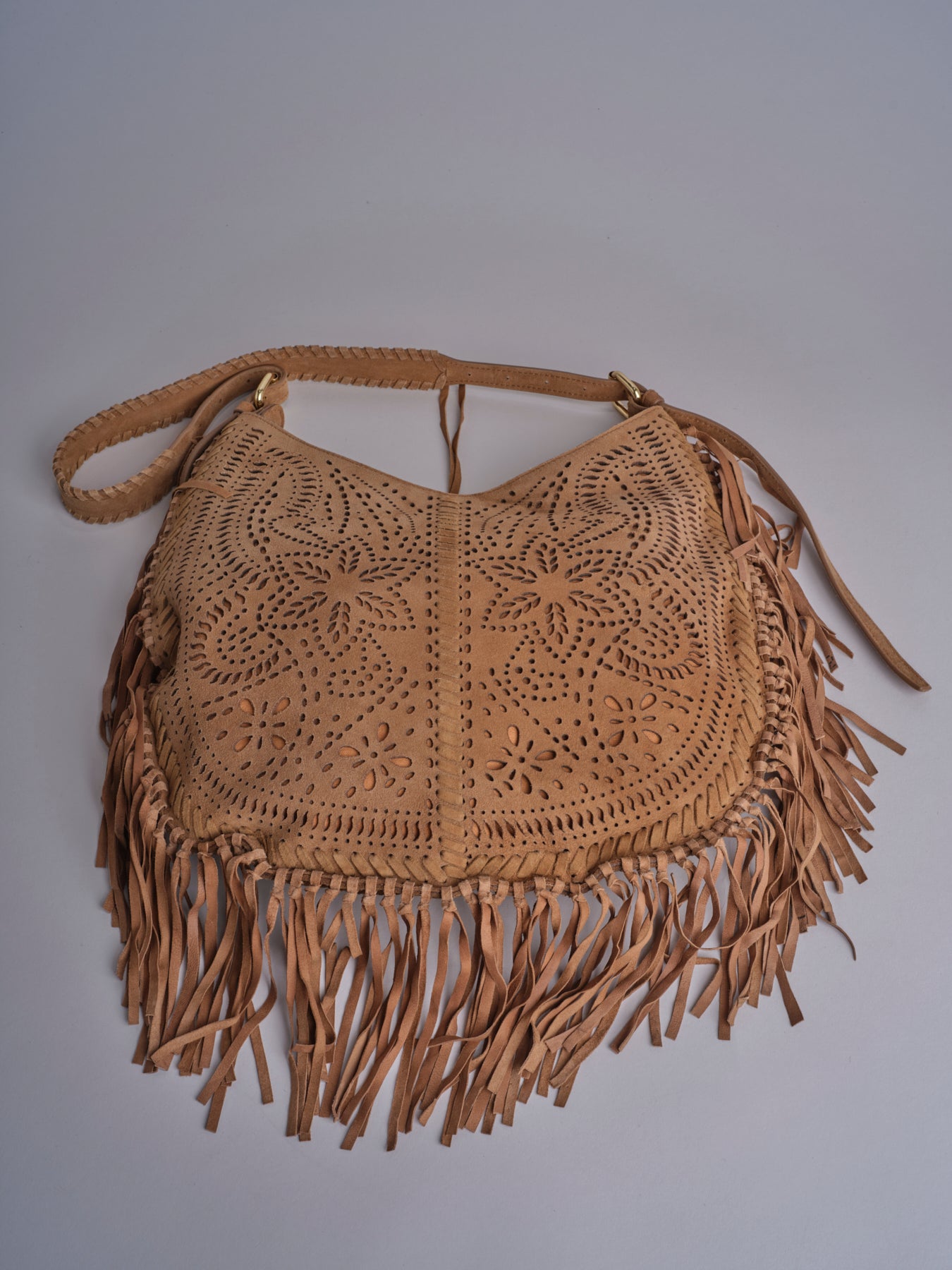 borsa a tracolla con fiori laserati e frange NADINE SUEDE AB07 TABACCO via mail bag 