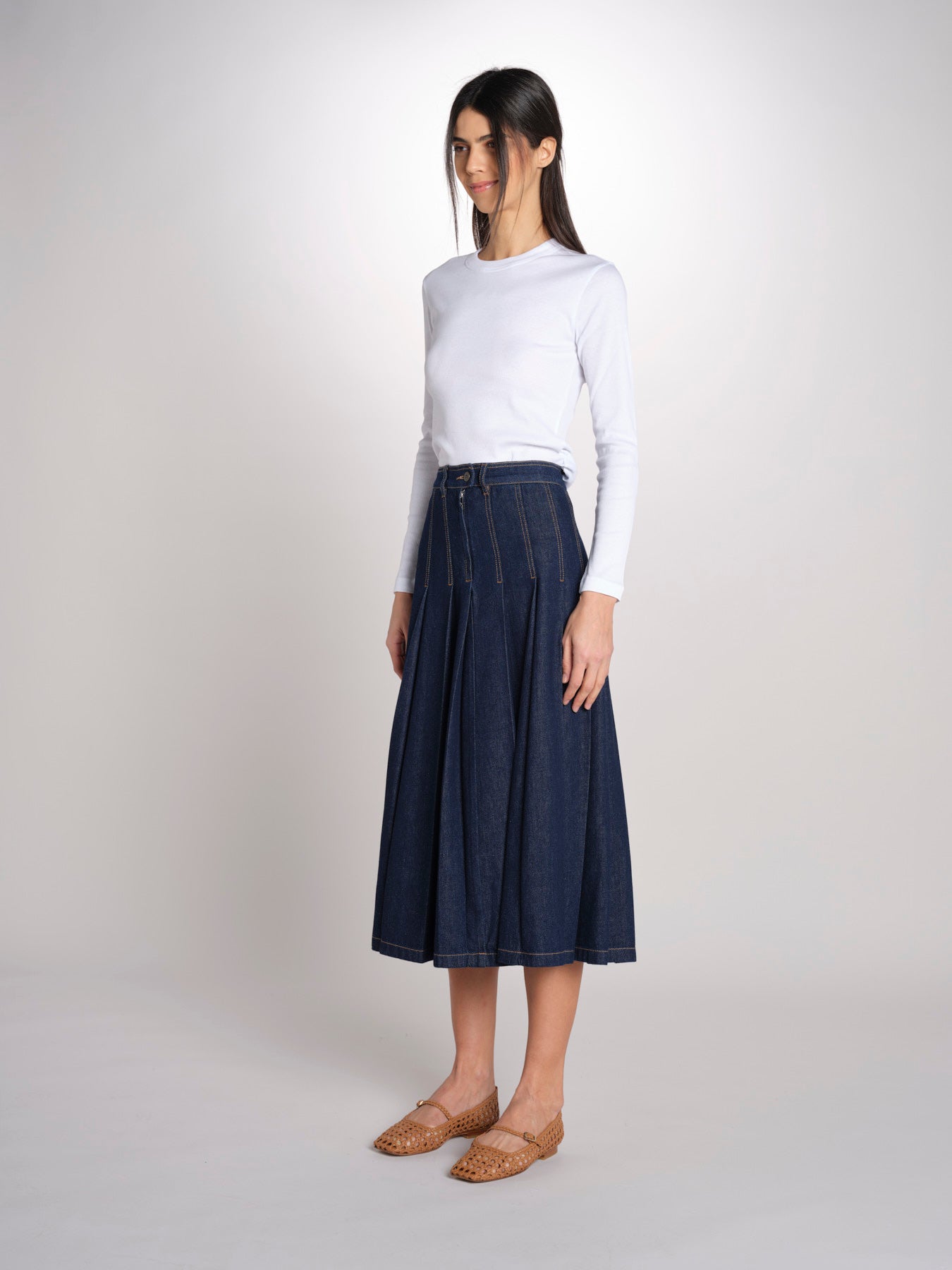 Gonna midi con pieghe semicucite in denim OVALE 2615101071600 001 BLU weekend maxmara 