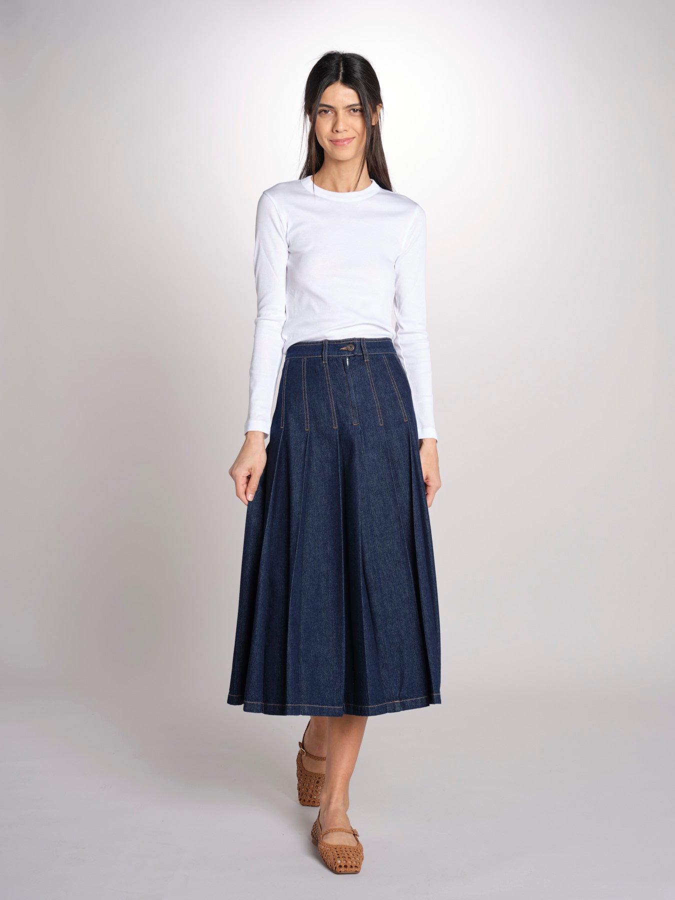 Gonna midi con pieghe semicucite in denim OVALE 2615101071600 001 BLU weekend maxmara 