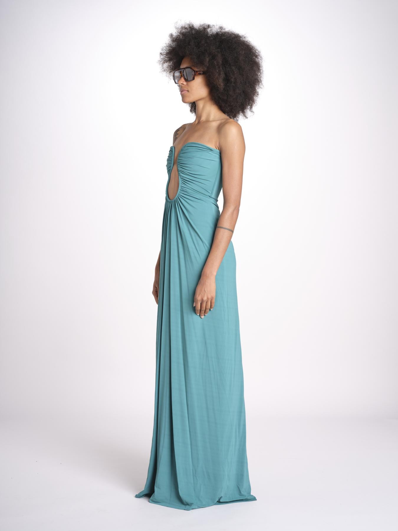 abito lungo con scollo cuore in jersey THE FLORENCE CR339 TEAL BLUE misha 