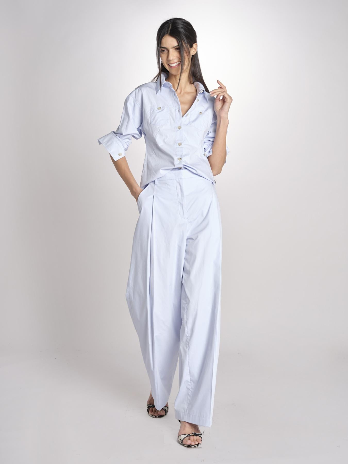 pantalone con pinces in popeline B043-0187-6311 CELESTE n21 