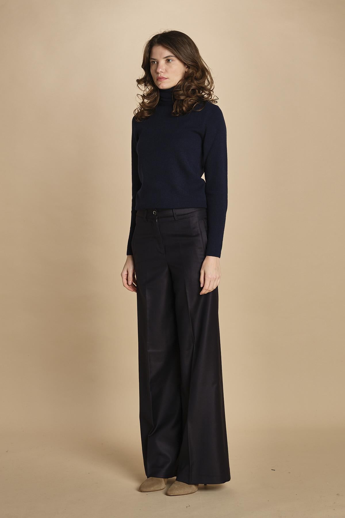 pantalone a vita bassa con elastico in lana e seta. ASTRID STR02 NAVY nine in the morning 