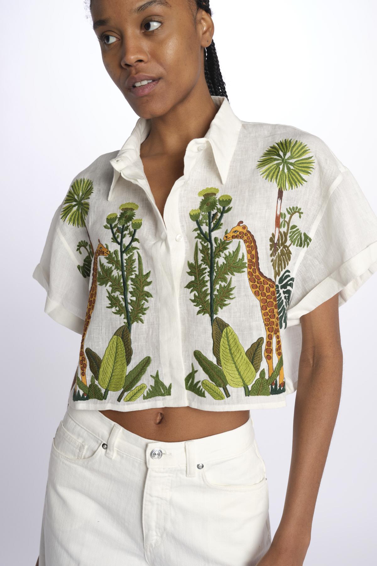 BONDI GIRAFFE camicia crop con giraffe ricamate by milaura. BE24867 WHITE MULTI benaras soleil 