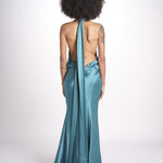 abito lungo in seta con nodo sul retro THE CAMERON DR287 TEAL BLUE misha 
