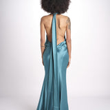 abito lungo in seta con nodo sul retro THE CAMERON DR287 TEAL BLUE misha 