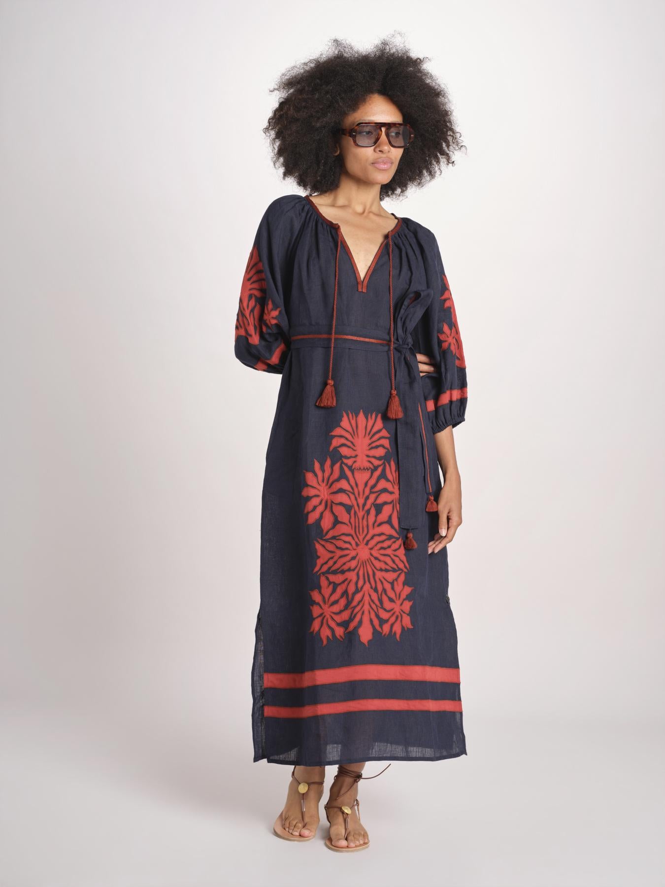 abito con ricamo BE25215 NAVY RUST benaras soleil 