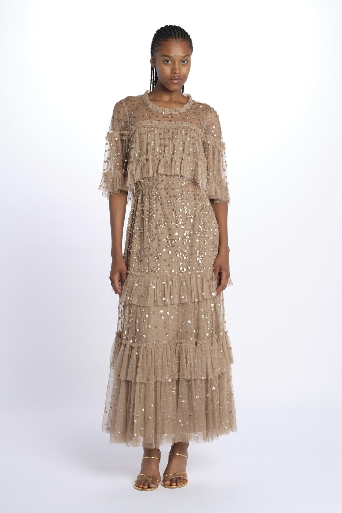LEILA DOT TIERED LEILA DOT TIERED CAPE ANKLE GOWN FAWN needle & tread 