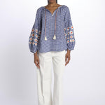 MANDAVILLA  camicia A QUADRI con fiori ricamati sulla manica by milaura. BE24913 BLUE WHITE benaras soleil 