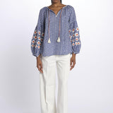 MANDAVILLA  camicia A QUADRI con fiori ricamati sulla manica by milaura. BE24913 BLUE WHITE benaras soleil 