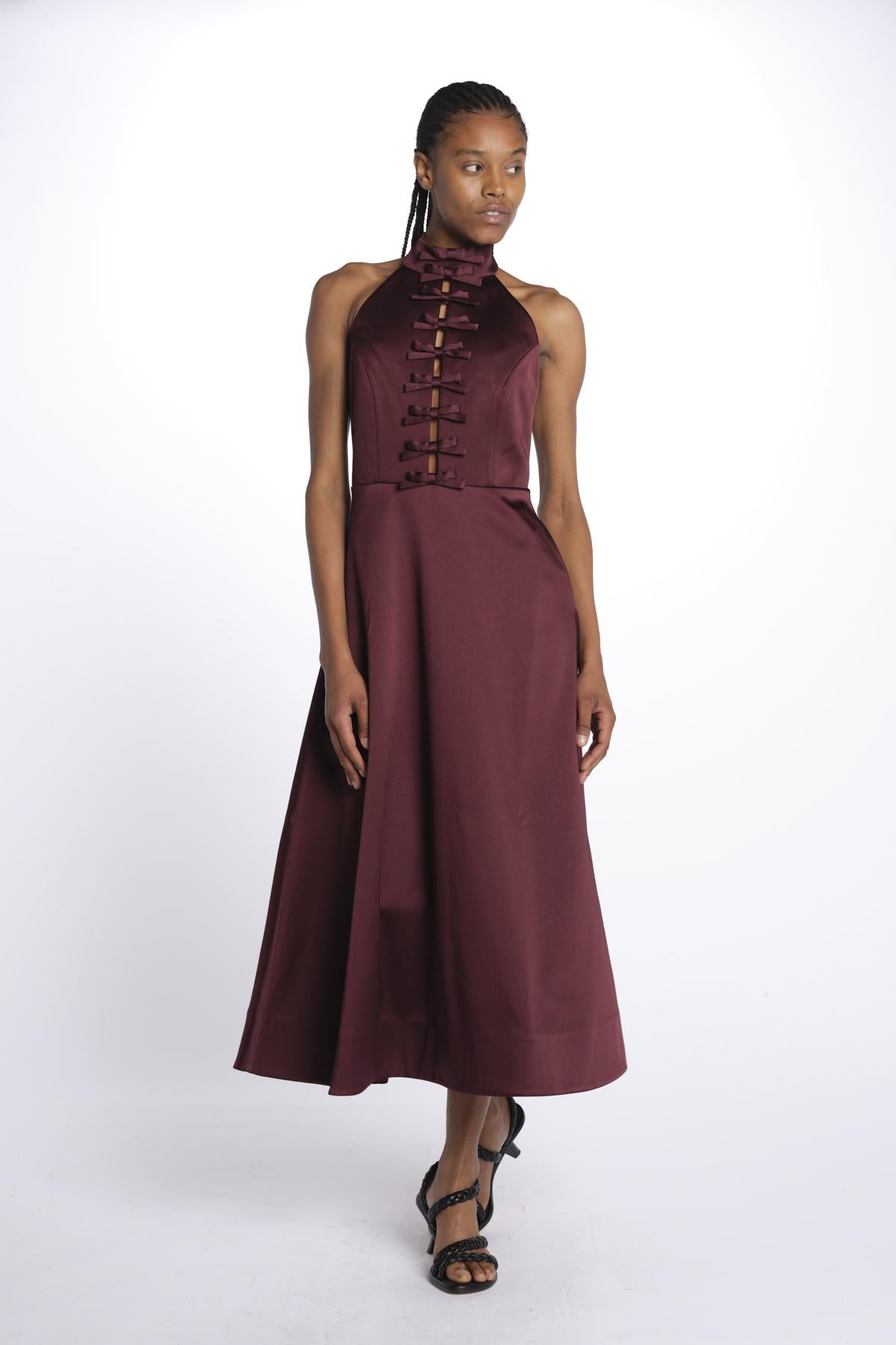 Abito MERLOT MIDI scollato + fiocchi 1970 BURGUNDY rebecca vallance 