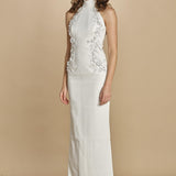 abito lungo collo alto con ricamo fiori. RVBR-1198 IVORY rebecca vallance 