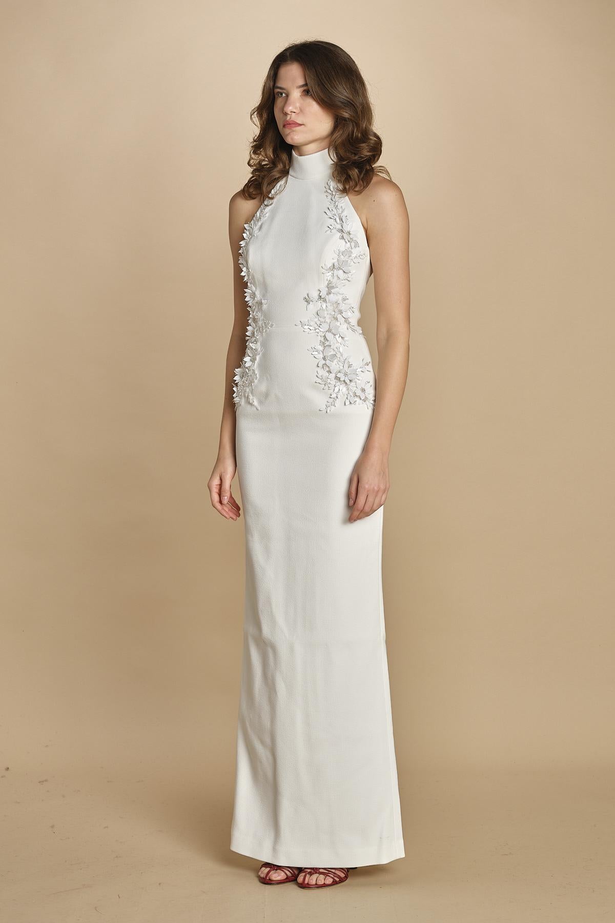 abito lungo collo alto con ricamo fiori. RVBR-1198 IVORY rebecca vallance 