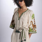 caftano lungo con giraffe ricamate BE24868 BEIGE MULTI benaras soleil 